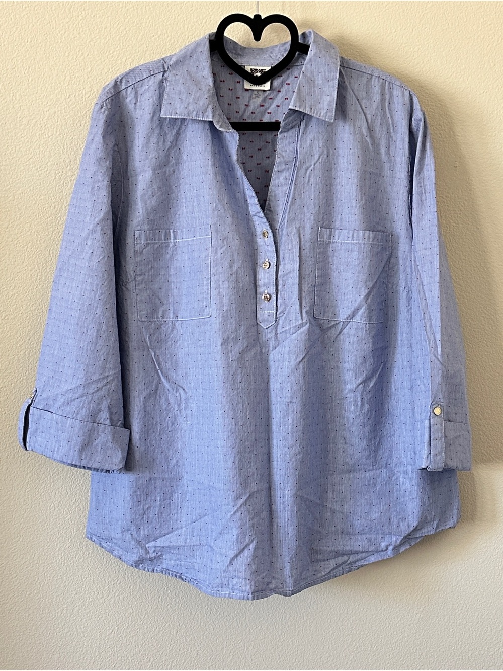 Anne Klein Blue Mini Striped Red Dot Roll-Tab Sleeves Top Size XL